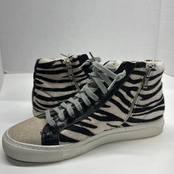 P448 Sneakers High Tops Lace Up Shoes Zebra Print Pony Hair Black White Size 38 - Picture 9 of 11
